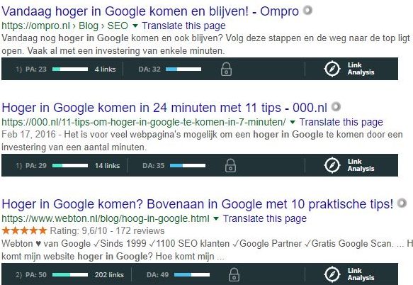 Wie hoger in google wil komen moet zich afvragen waarop en wat zijn de concurrenten